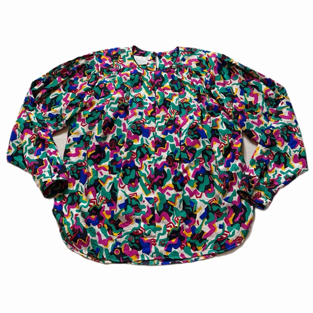 VTG 80s 100% Silk Bold Geometric Abstract Kitschy Print  Blouse Top 10